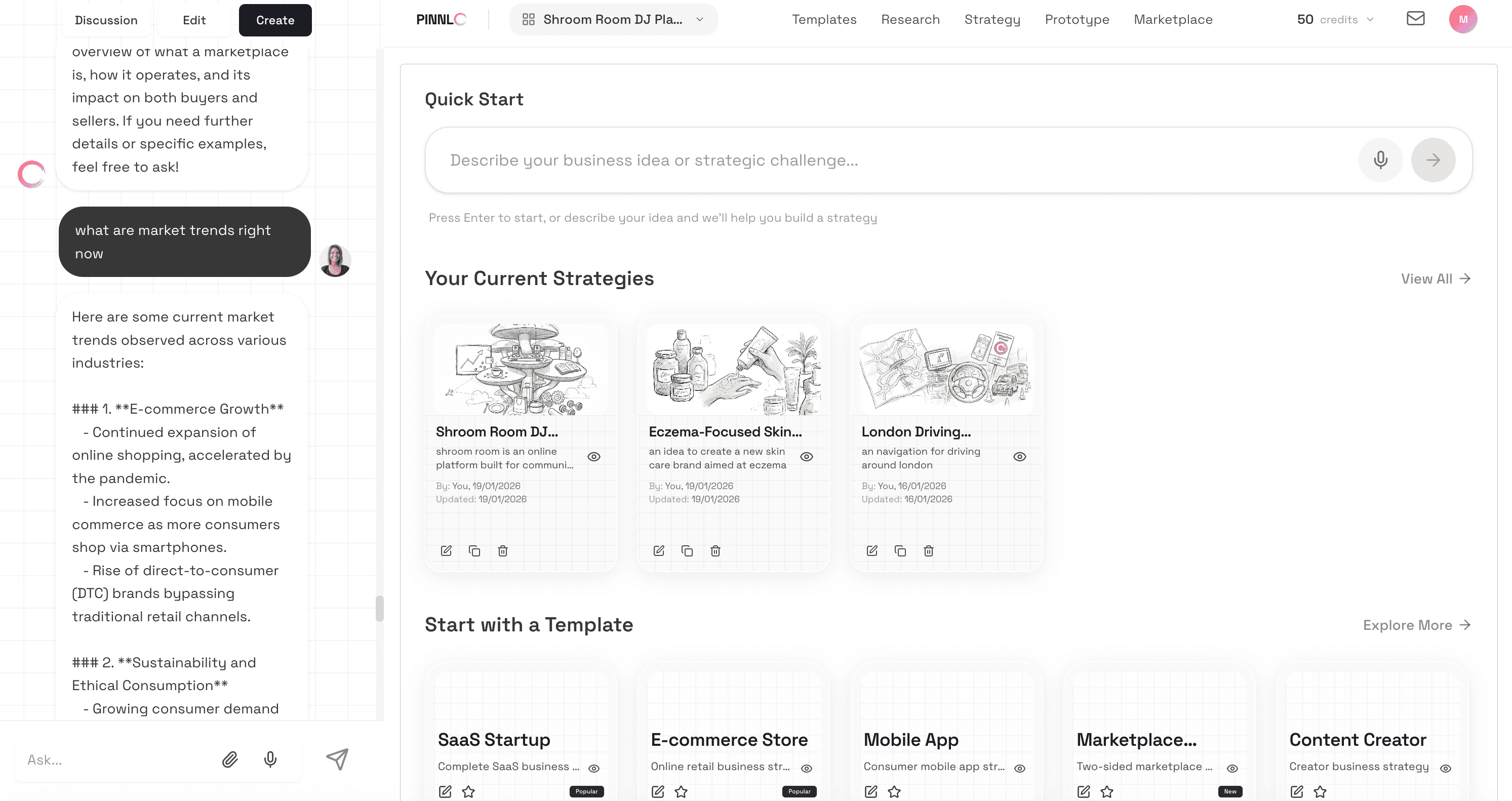 Pinnlo dashboard: Quick Start idea box and your current strategies