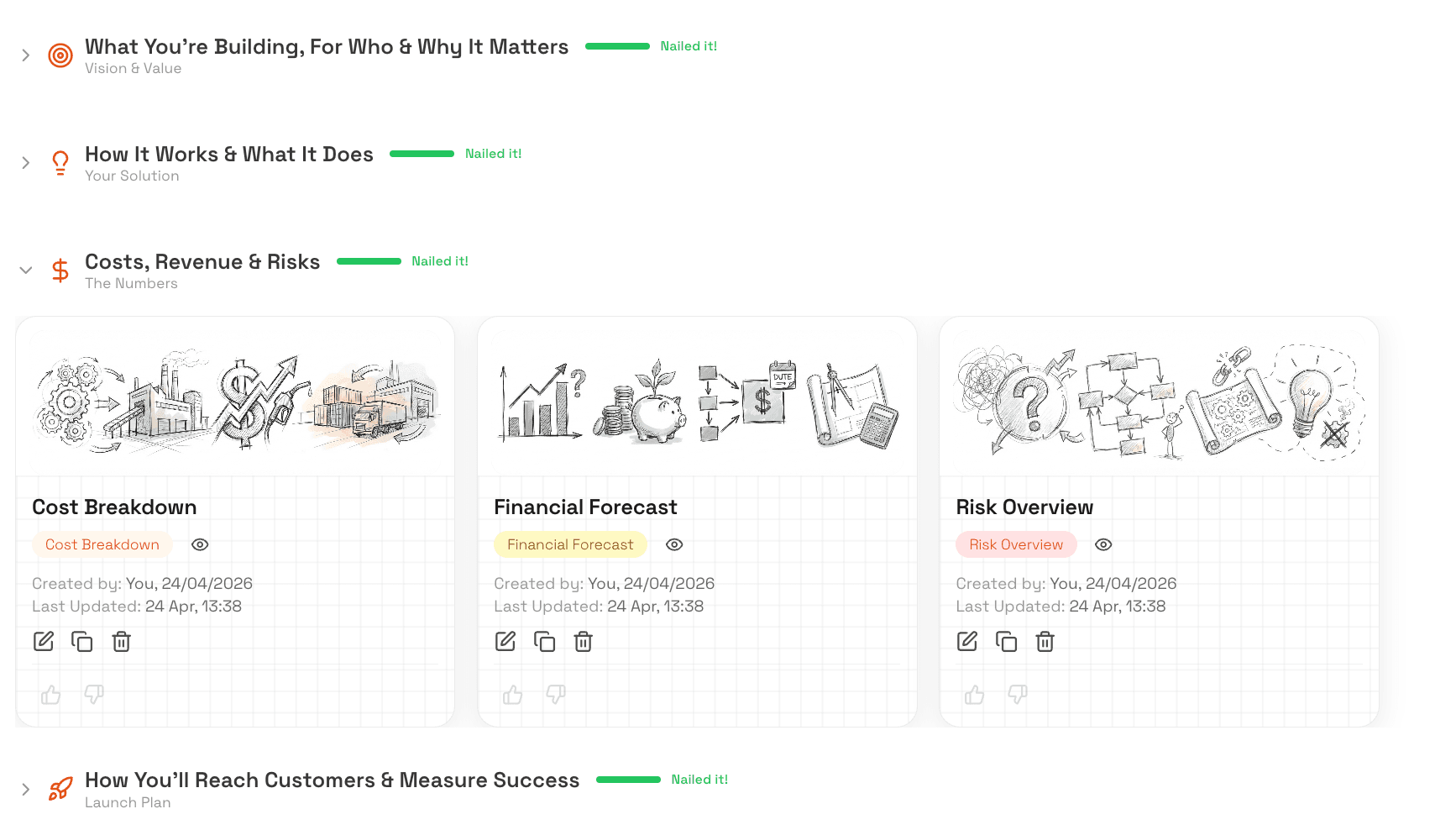 Pinnlo strategy phases: vision, numbers, cost and risk cards
